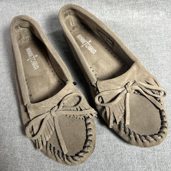 Minnetonka Shoes Womens 7 Moccasins Moc Toe Slip On Fringe Tassel Brown/slate - Picture 1 of 8